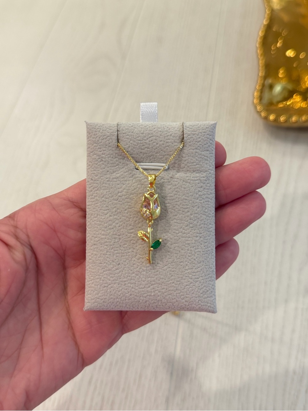 Gold Rose Pendant Necklace with Green Accents - Women Jewelry, 18k gold plated